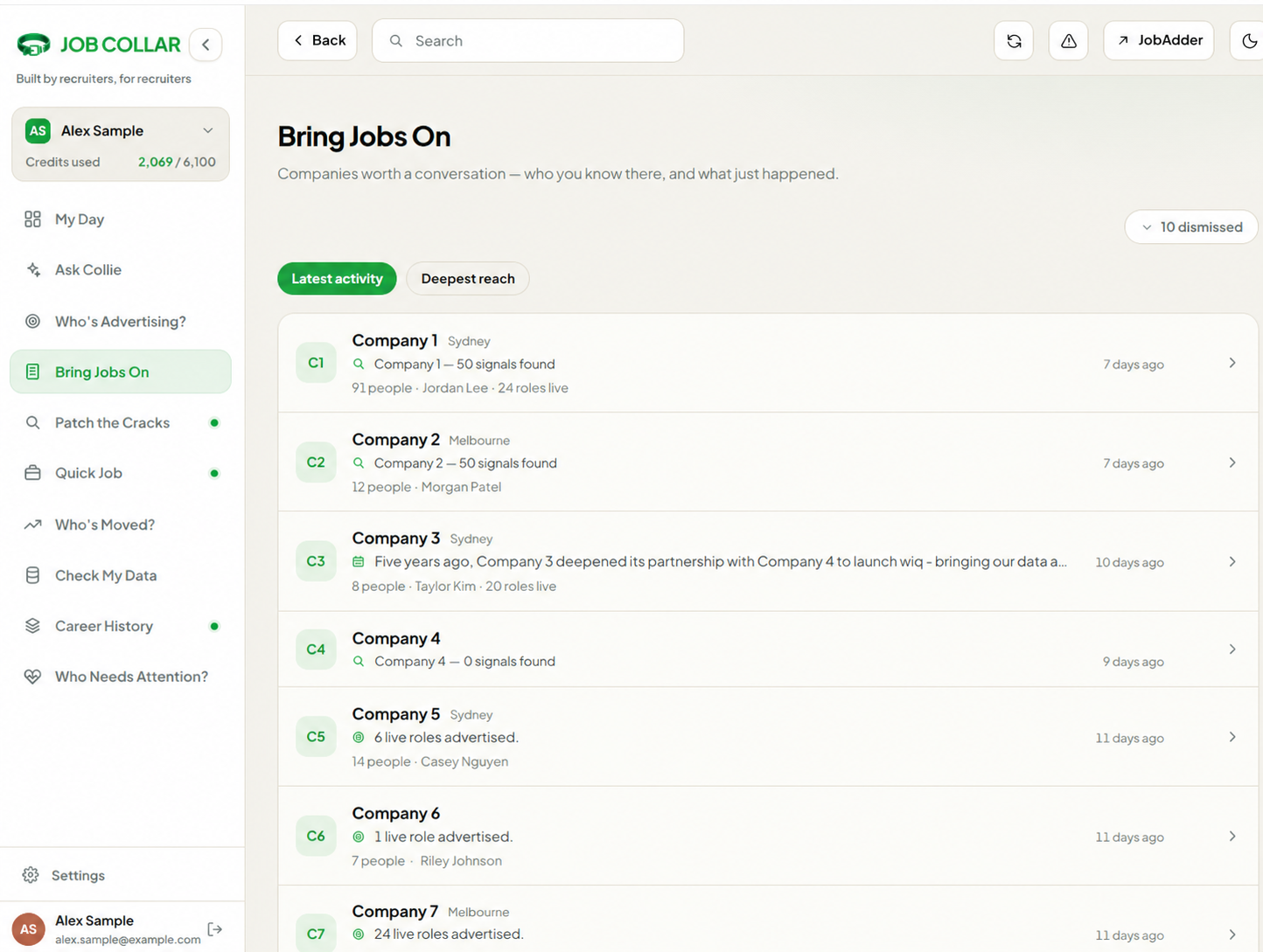 Job Collar Bring Jobs On screen listing companies with recent activity, people you know and live roles.