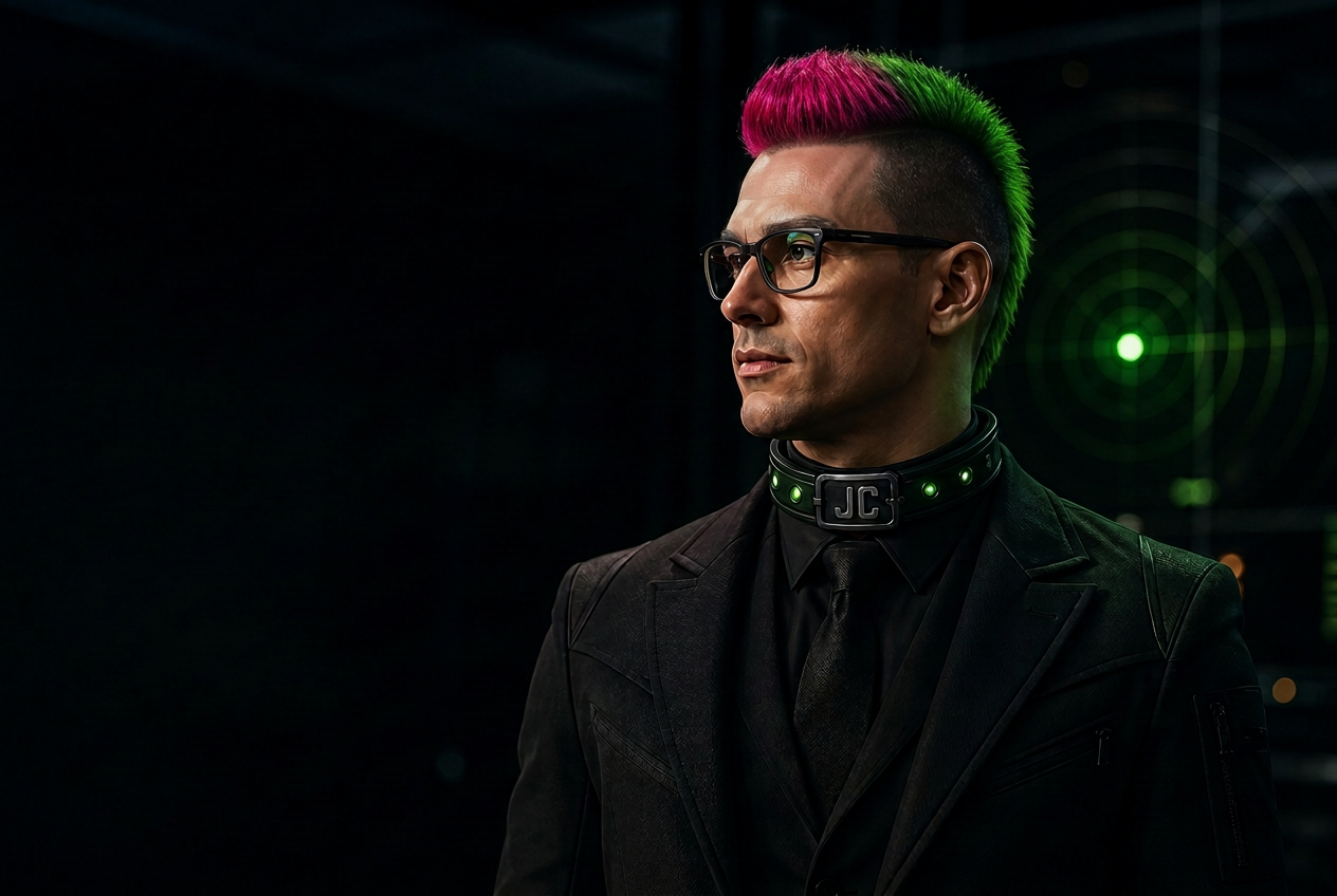 A recruiter with a bold pink and green mohawk wearing an illuminated Job Collar band.